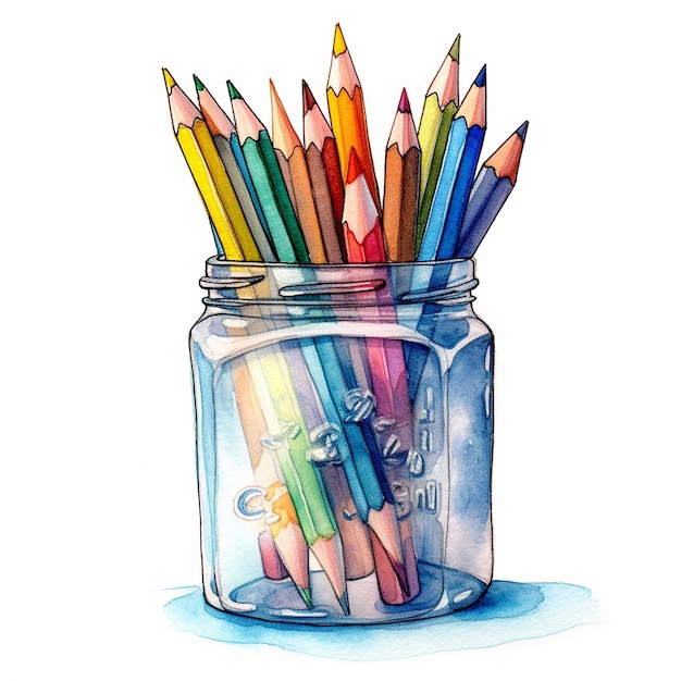 un dibujo de lápices de colores en un frasco con la palabra "crayones".