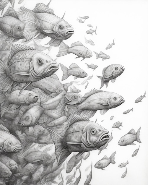 Foto dibujo a lápiz de un banco de peces nadando en un grupo grande ai generativo