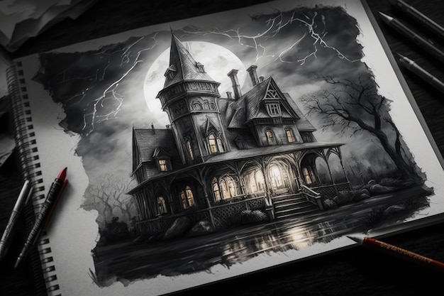 Dibujo a lápiz de una casa gótica rodeada de un cielo oscuro y tormentoso