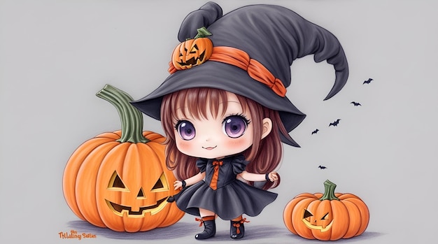 Dibujo con lápiz de color cuerpo entero bruja de Halloween estilo Chibi sosteniendo una calabaza sobre un fondo blanco plano AI Generativo