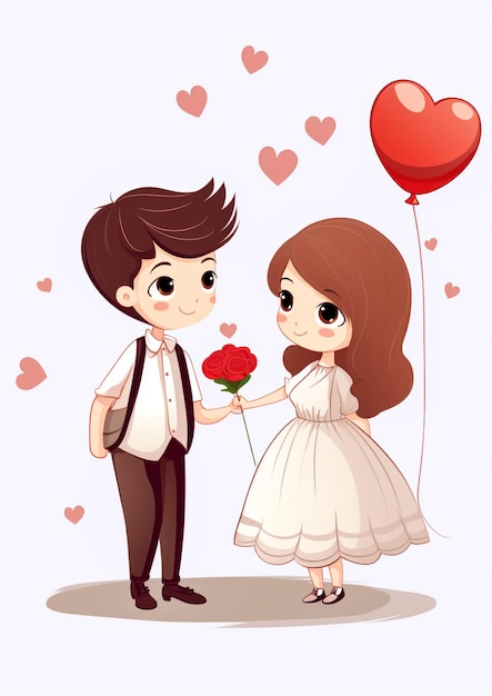 dibujo a lápiz de color de una pareja de caricaturas de él en traje formal y ella en vestido con globo en forma de corazón ilustración vectorial