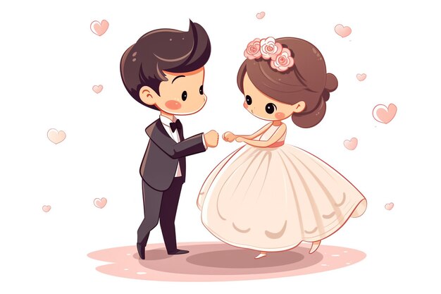 Foto dibujo a lápiz de color de una pareja de caricaturas de él en traje formal y ella en vestido con globo en forma de corazón ilustración vectorial