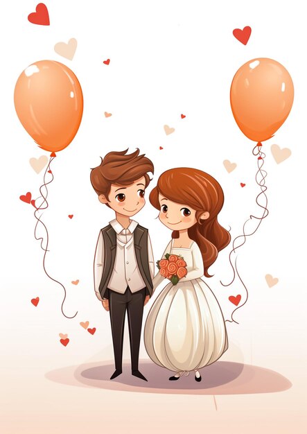 Foto dibujo a lápiz de color de una pareja de caricaturas de él en traje formal y ella en vestido con globo en forma de corazón ilustración vectorial