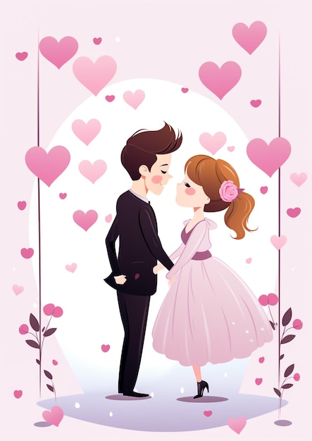 Foto dibujo a lápiz de color de una pareja de caricaturas de él en traje formal y ella en vestido con globo en forma de corazón ilustración vectorial