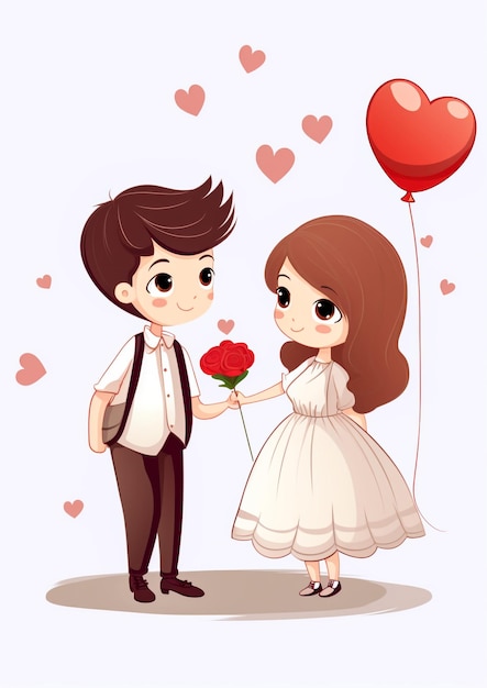 Foto dibujo a lápiz de color de una pareja de caricaturas de él en traje formal y ella en vestido con globo en forma de corazón ilustración vectorial