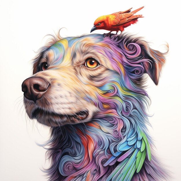 Foto dibujo de lápiz de colores 3d de un perro con un pájaro en la cabeza dibujo de dibujo de detalle de ultra línea