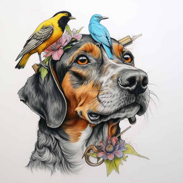 dibujo de lápiz de colores 3D de un perro con un pájaro en la cabeza dibujo de dibujo de detalle de ultra línea