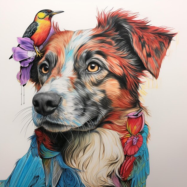 dibujo de lápiz de colores 3D de un perro con un pájaro en la cabeza dibujo de dibujo de detalle de ultra línea