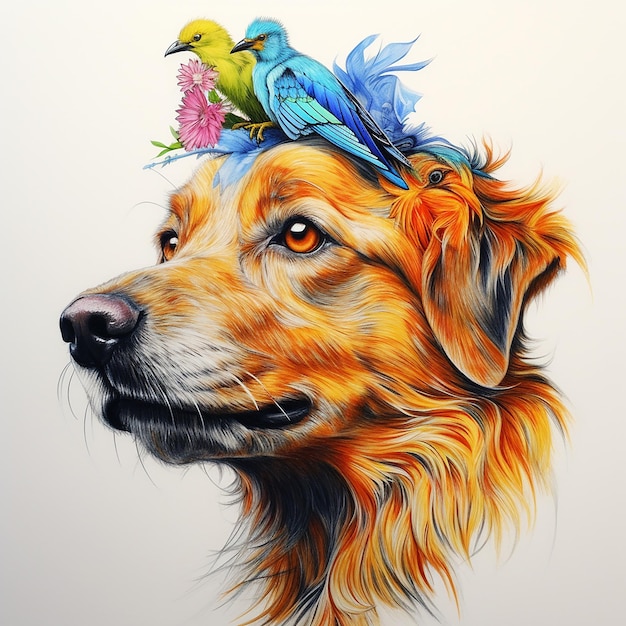 Foto dibujo de lápiz de colores 3d de un perro con un pájaro en la cabeza dibujo de dibujo de detalle de ultra línea