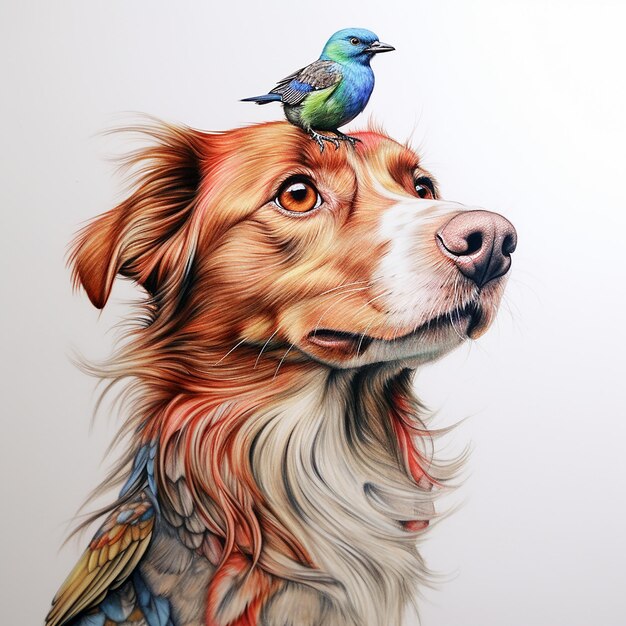 Foto dibujo de lápiz de colores 3d de un perro con un pájaro en la cabeza dibujo de dibujo de detalle de ultra línea