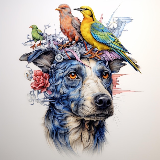 dibujo de lápiz de colores 3D de un perro con un pájaro en la cabeza dibujo de dibujo de detalle de ultra línea