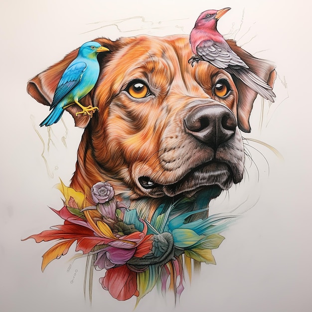 Foto dibujo de lápiz de colores 3d de un perro con un pájaro en la cabeza dibujo de dibujo de detalle de ultra línea