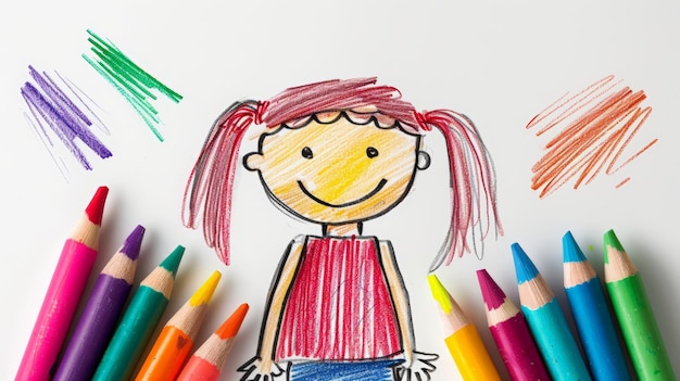 Dibujo con lápiz de colores de un personaje infantil de dibujos animados ingenuo IA generativa