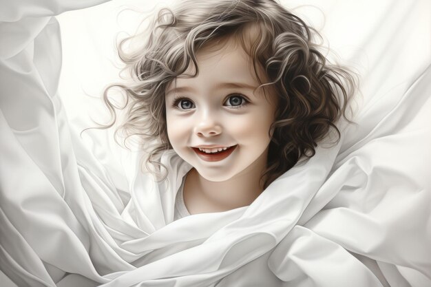 Un dibujo a lápiz colorido de un bebé lindo con una cálida sonrisa en una hoja blanca