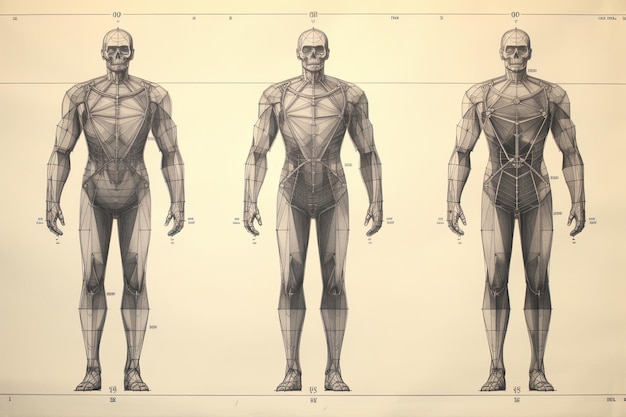 Dibujo a lápiz del cuerpo humano que muestra una cuadrícula simétrica y marcas de altura.