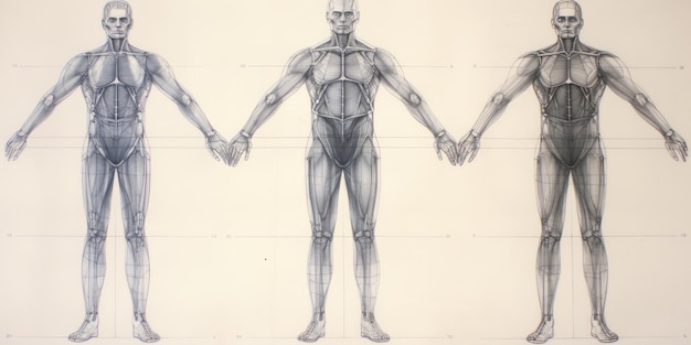 Foto dibujo a lápiz del cuerpo humano que muestra una cuadrícula simétrica y marcas de altura.
