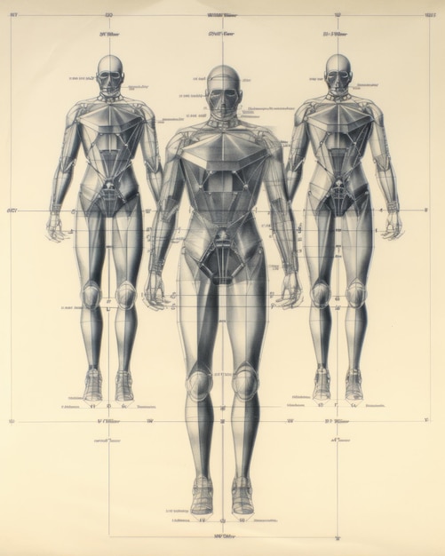 Foto dibujo a lápiz del cuerpo humano que muestra una cuadrícula simétrica y marcas de altura.