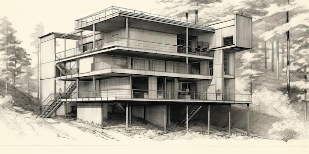 Dibujo a lápiz detallado de una casa suburbana moderna Concepto de edificio imaginario abstracto IA generativa