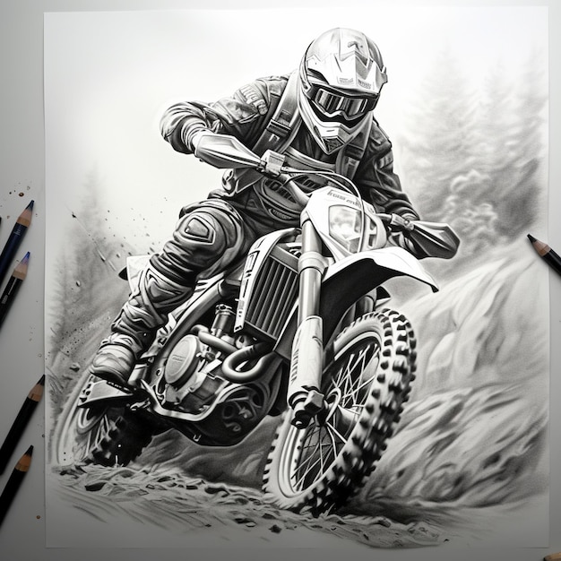 Dibujo a lápiz en escala de grises de un piloto de motocross moto cross riding