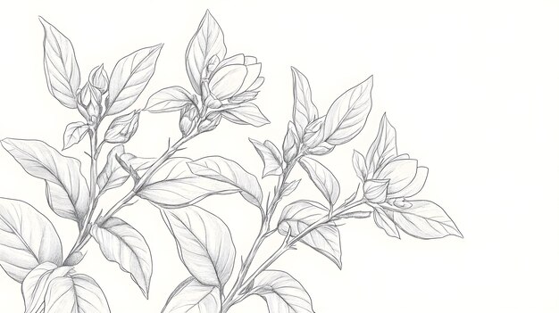dibujo a lápiz de flores en flor con hojas detalladas