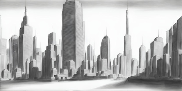 Dibujo a lápiz de una gran ciudad moderna con rascacielos