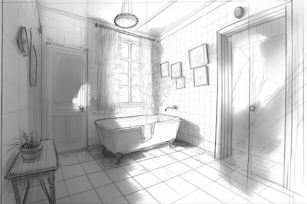 Dibujo a lápiz del lavabo del baño con flor en jarrón y accesorios antiguos