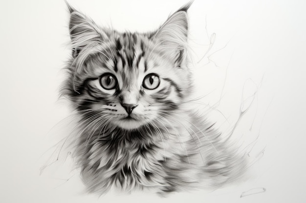 Dibujo a lápiz lindo gatito en hoja de papel retrato fotorrealista de ilustración de gato cara de animal pintada sobre fondo blanco concepto de diseño arte mesa de mascota bosquejo de naturaleza