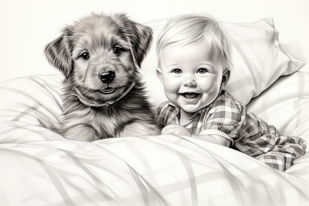 Dibujo a lápiz monocromático de un bebé sonriente con un cachorro en la orilla del mar en papel blanco