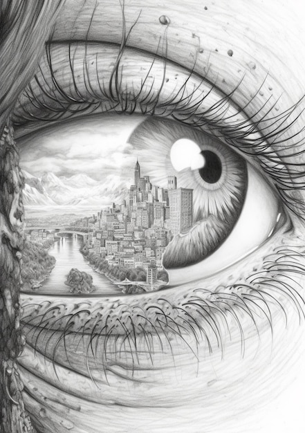 Foto dibujo a lápiz de un ojo de mujer con una ciudad en el fondo