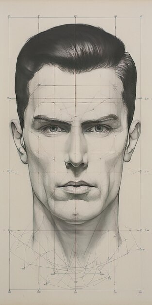 Dibujo a lápiz de rostro humano que muestra una cuadrícula simétrica y marcas de altura.