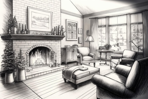 Dibujo a lápiz de la sala de estar con una acogedora sala de estar y chimenea perfecta para una noche de invierno