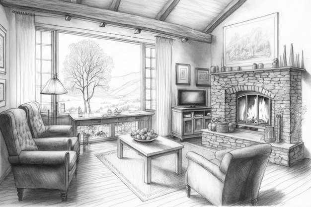 Dibujo a lápiz de la sala de estar con vista a una acogedora chimenea y cómodos sillones