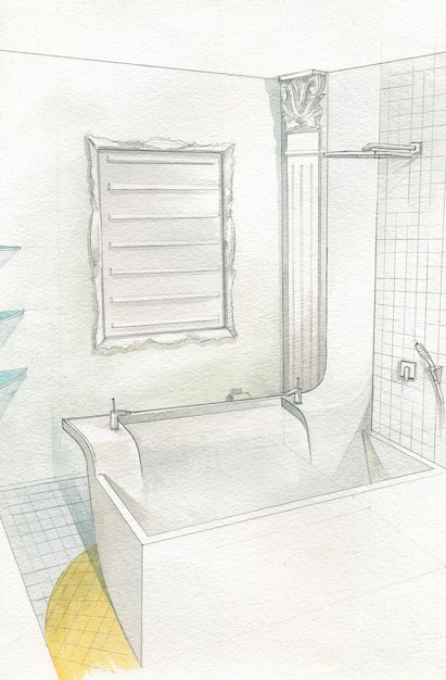 Dibujo a lápiz sobre interior de baño de papel