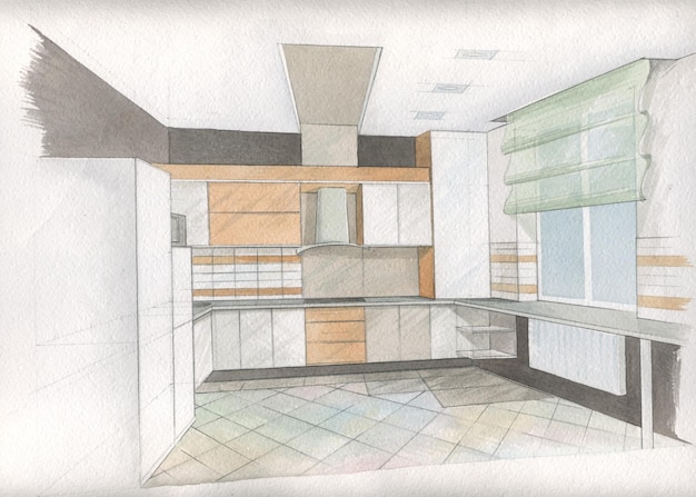 Dibujo a lápiz sobre interior de cocina de papel