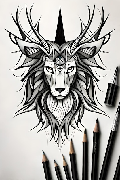 Un dibujo de un león con cuernos y una corona.