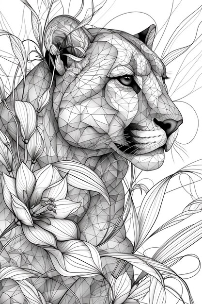 Foto un dibujo de un león con una flor en la boca generativo ai