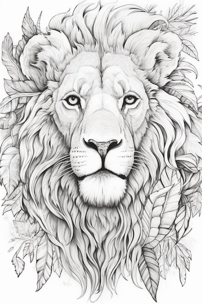 un dibujo de un león con hojas en la cabeza ai generativo