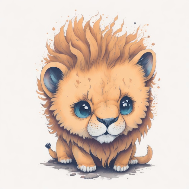 Un dibujo de un león con ojos azules y una melena tupida.