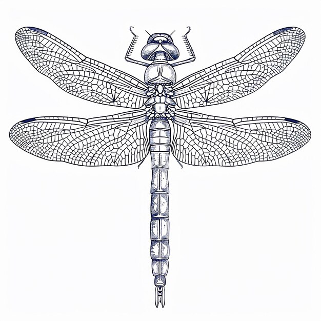 un dibujo de una libélula con un patrón azul y blanco