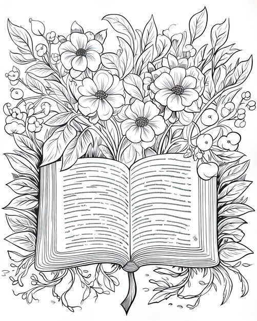 un dibujo de un libro con flores y palabras en él