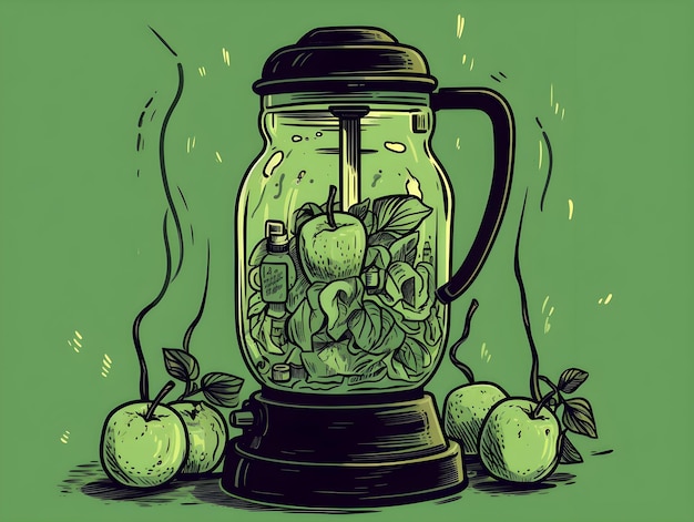 Un dibujo de una licuadora de jugos con una manzana verde fresca.