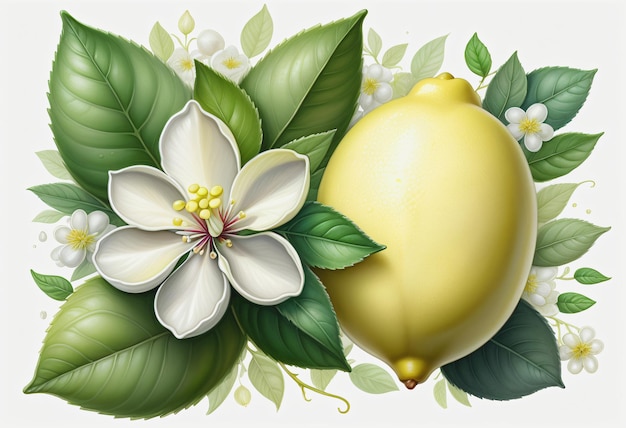 Dibujo de limón y hoja con flor sobre fondo blanco
