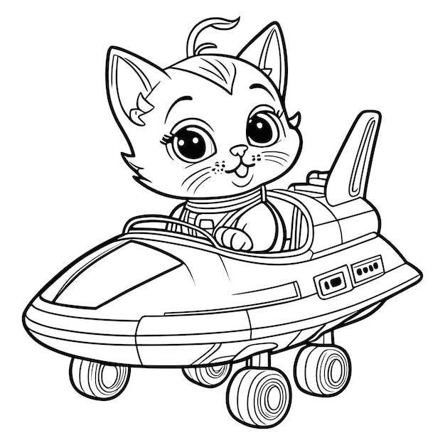 Dibujo de un lindo gatito conduciendo una nave espacial Página para colorear para niños