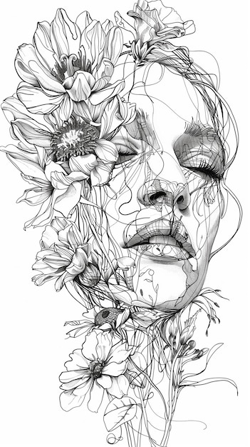 Dibujo de línea de alta definición de una cara con flores en fondo blanco