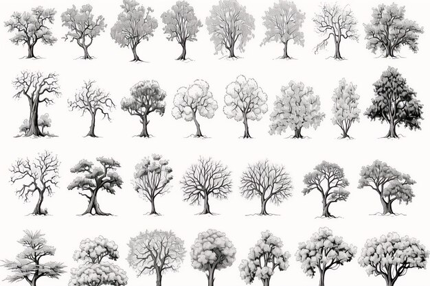 Dibujo de línea de árbol cad de estilo minimalista Conjunto de vista lateral de elementos de árboles gráficos primavera