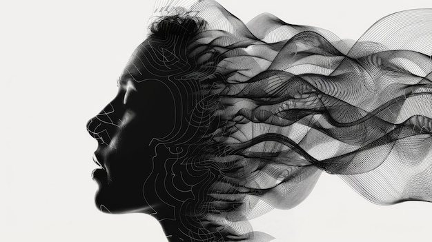 Un dibujo de línea de la cara de una mujer en perfil con el cabello largo y fluido hecho de múltiples líneas