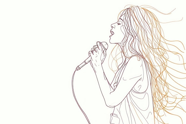 Dibujo de línea continua chica cantando con micrófono dibujo artístico ilustrado