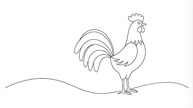 Dibujo de línea continua detallada de un gallo cantando con elementos de diseño minimalistas