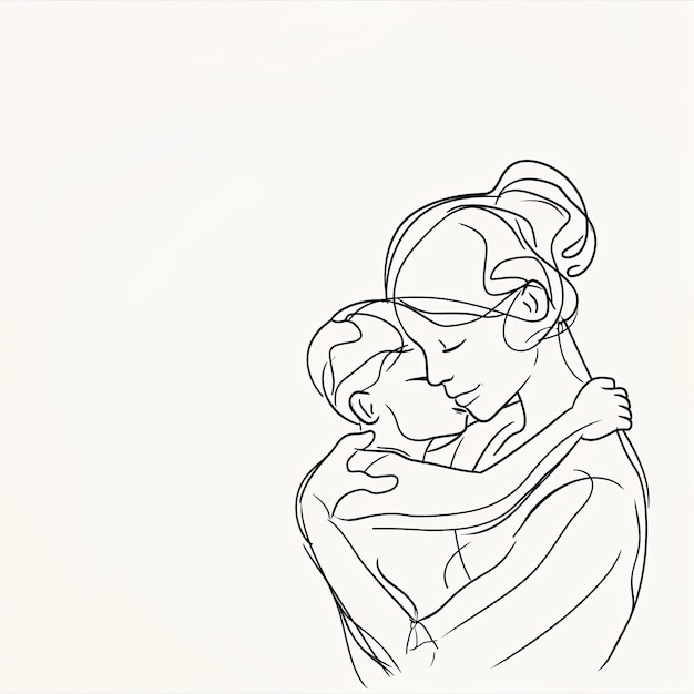 Foto dibujo de línea continua de una madre abrazando a su hijo ambos con los ojos cerrados en un fondo plano
