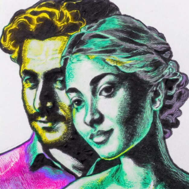 Foto dibujo de línea de mujer y hombre en colores pastel